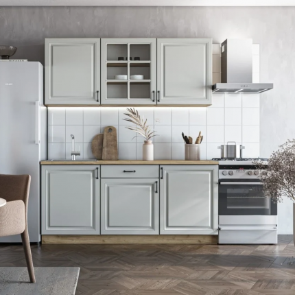Cuisine Naturel Loria 1,8m rustique chêne frêne armoire verre
