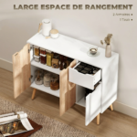 Buffet scandinave 90 cm blanc & bois – Meuble de rangement avec tiroir