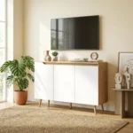 Buffet salon blanc et chêne 3 portes | Meuble rangement moderne