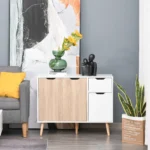 Buffet scandinave 90 cm blanc & bois – Meuble de rangement avec tiroir
