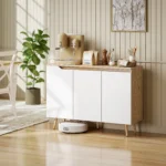 Buffet salon blanc et chêne 3 portes | Meuble rangement moderne
