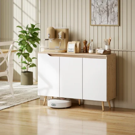 Buffet salon blanc et chêne 3 portes | Meuble rangement moderne