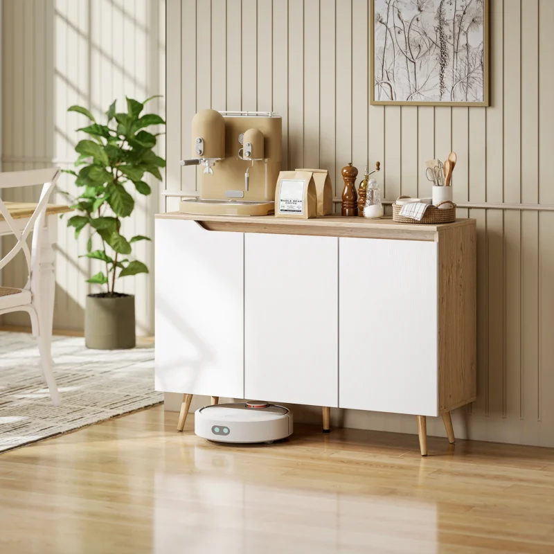 Buffet salon blanc et chêne 3 portes | Meuble rangement moderne