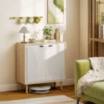 Buffet blanc brillant & chêne avec 2 portes étagère réglable