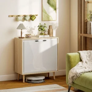 Buffet blanc brillant & chêne avec 2 portes étagère réglable