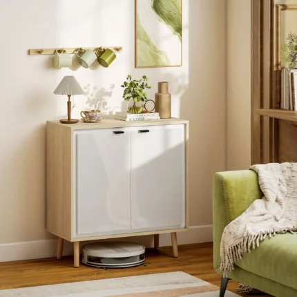 Buffet blanc brillant & chêne avec 2 portes étagère réglable