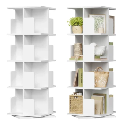 Bibliothèque rotative 360° blanc et chêne | Étagère design 4 niveaux