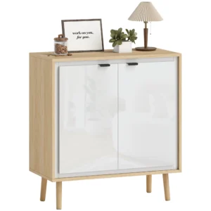 Buffet blanc brillant & chêne avec 2 portes étagère réglable