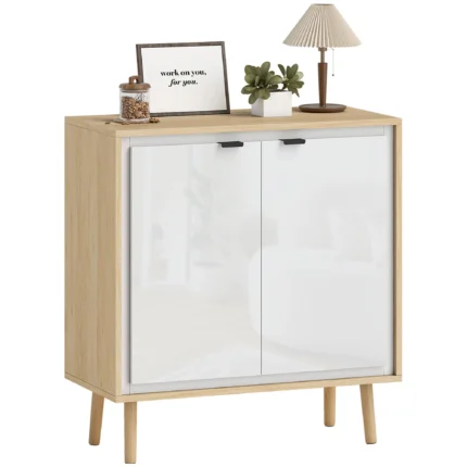 Buffet blanc brillant & chêne avec 2 portes étagère réglable