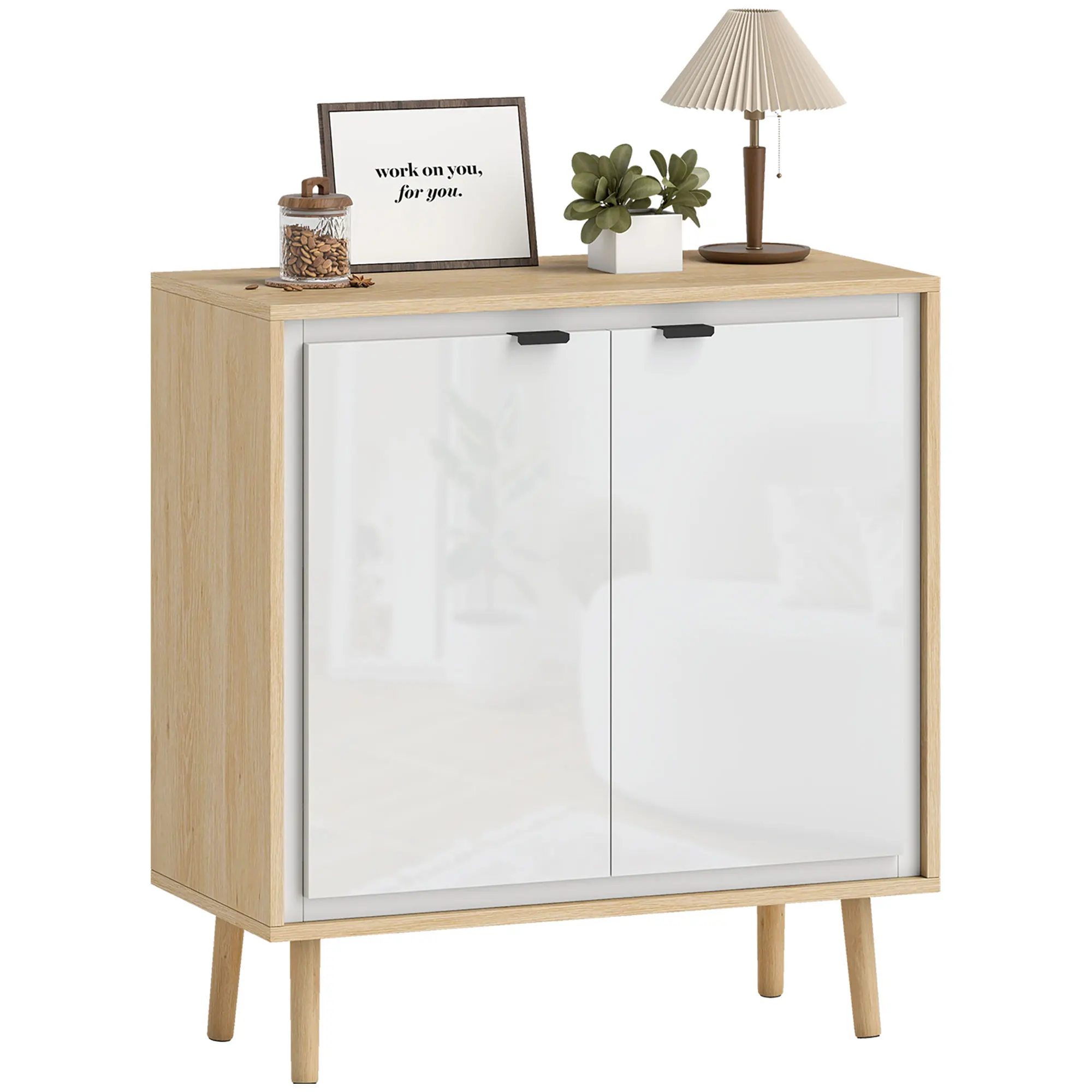 kf-S6df8d1bc97064c629648cff727796016z Buffet blanc brillant & chêne avec 2 portes étagère réglable