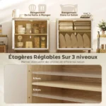 Buffet blanc brillant & chêne avec 2 portes étagère réglable