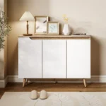 Buffet salon blanc et chêne 3 portes | Meuble rangement moderne