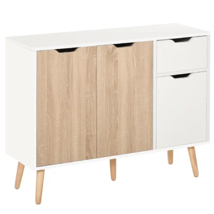 Buffet scandinave 90 cm blanc & bois – Meuble de rangement avec tiroir