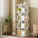 Bibliothèque rotative 360° blanc et chêne | Étagère design 4 niveaux