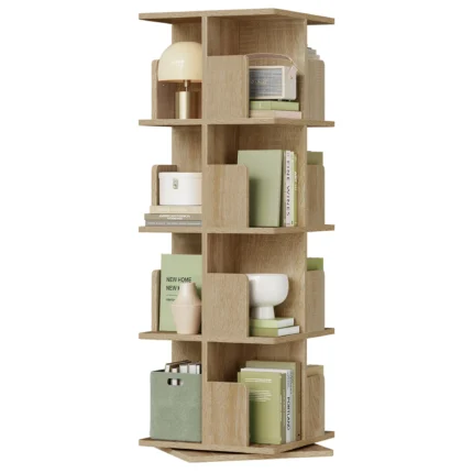 Bibliothèque rotative 360° blanc et chêne | Étagère design 4 niveaux