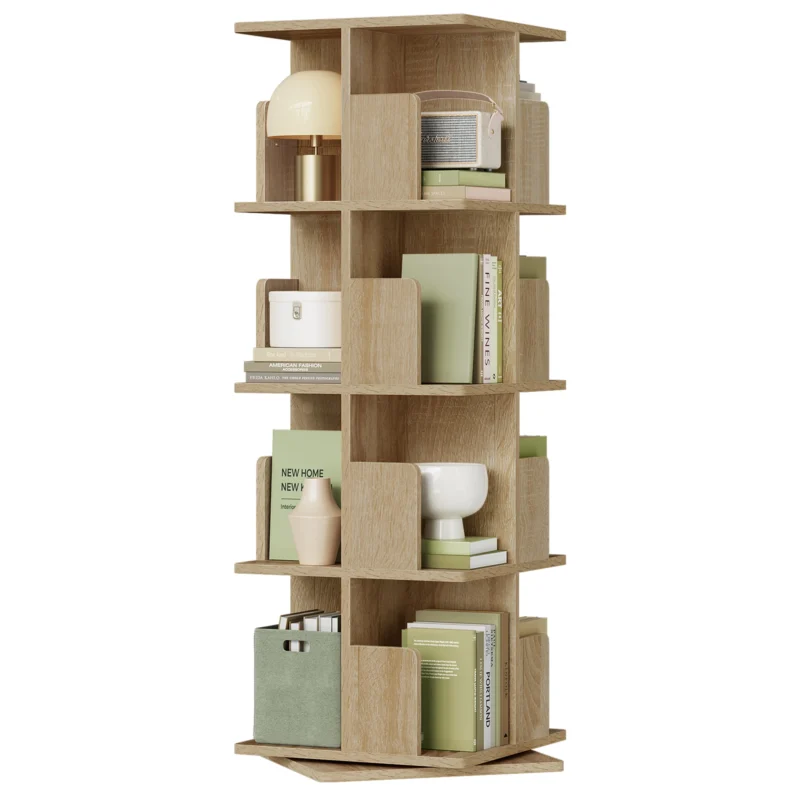 Bibliothèque rotative 360° blanc et chêne | Étagère design 4 niveaux