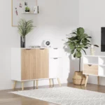 Buffet scandinave 90 cm blanc & bois – Meuble de rangement avec tiroir