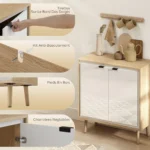 Buffet blanc brillant & chêne avec 2 portes étagère réglable