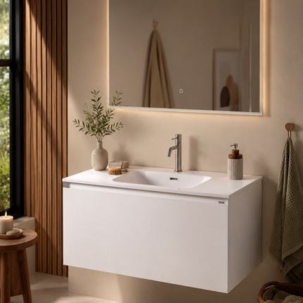 Ensemble Meuble Salle de Bain 100 cm avec Miroir LED – Maelen ribinet gris brossé , maison & declic