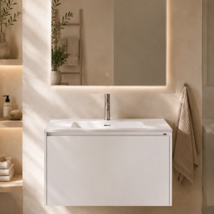 Ensemble Meuble Salle de Bain Suspendu 100 cm avec Miroir LED & Robinet Gris Brossé – Maelen-3