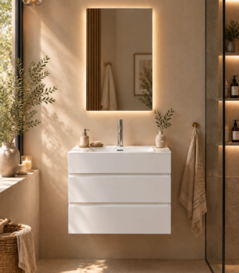 Ensemble de meuble de salle de bain suspendu ones 60 cm blanc , robinet lavabo et miroir