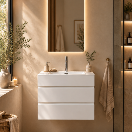 Ensemble de meuble de salle de bain suspendu ones 60 cm blanc , robinet lavabo et miroir