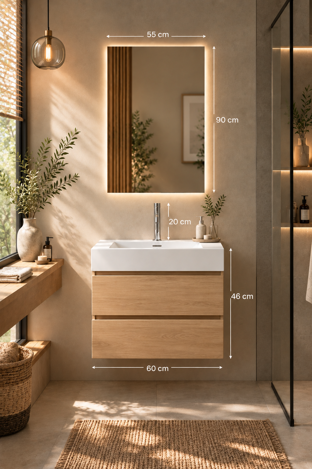 Dimensions du meuble de salle de bain ONES 60 cm bois naturel