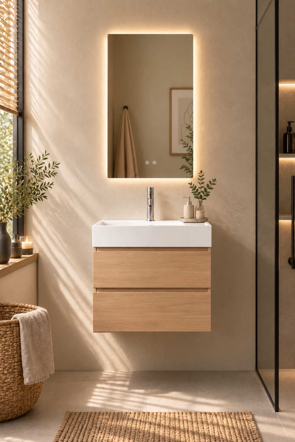 Ensemble ONES 60 cm en bois naturel suspendu avec vasque intégrée