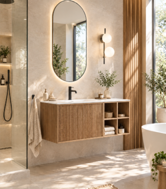 Ensemble meuble de salle de bain suspendu 120x50 cm en bois avec lavabo bois nature
