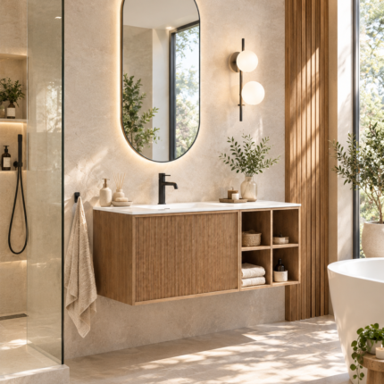 Ensemble meuble de salle de bain suspendu 120x50 cm en bois avec lavabo bois nature