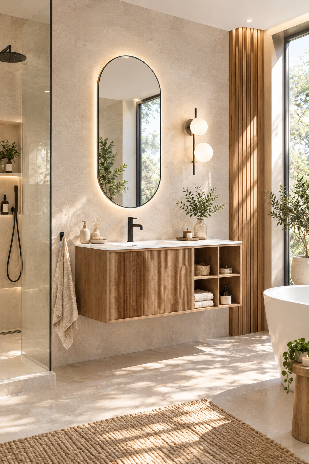 Ensemble meuble de salle de bain suspendu Enka 120 cm en bois naturel