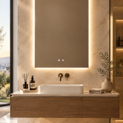Miroir mural rectangulaire 55x90 cm pour salle de bain avec lumière LED et anti-buée- Riben