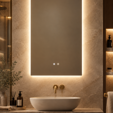 Miroir mural rectangulaire 55x90 cm pour salle de bain avec lumière LED et anti-buée- Riben
