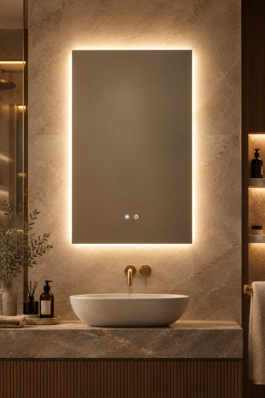 Miroir mural rectangulaire 55x90 cm pour salle de bain avec lumière LED et anti-buée- Riben