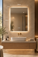 Miroir mural rectangulaire 55x90 cm pour salle de bain avec lumière LED et anti-buée- Riben