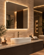 Miroir mural rectangulaire 80x70 cm pour salle de bain avec lumière LED et anti-buée Riben