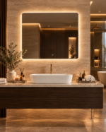 Miroir mural rectangulaire 80x70 cm pour salle de bain avec lumière LED et anti-buée Riben – Image 2
