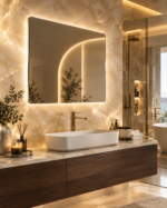 Miroir mural rectangulaire 80x70 cm pour salle de bain avec lumière LED et anti-buée Riben – Image 5