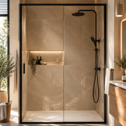 Paroi de douche 140x195 cm porte coulissante, verre trempé 6 mm et aluminium noir