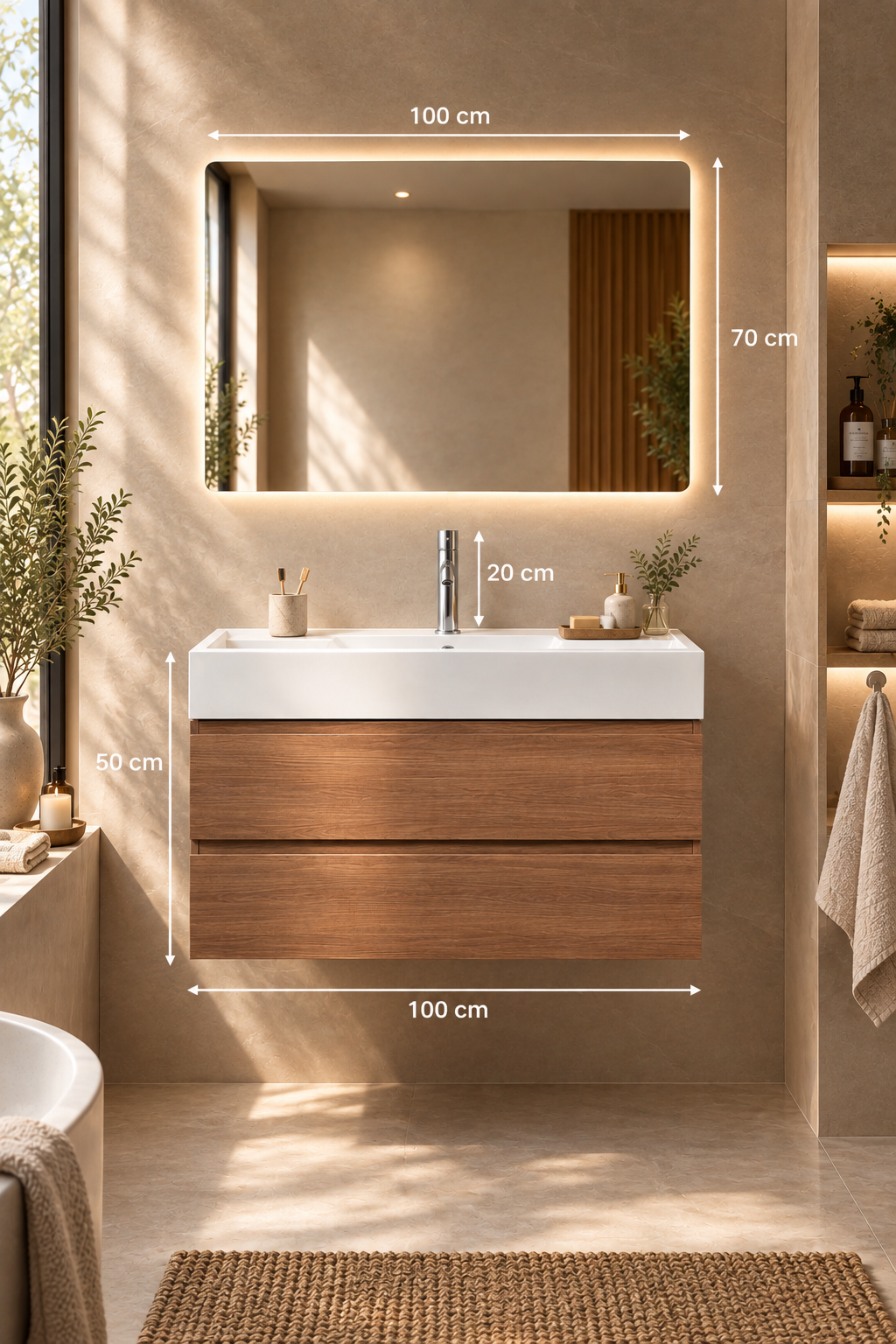 Dimensions meuble salle de bain Ona 100 cm bois foncé