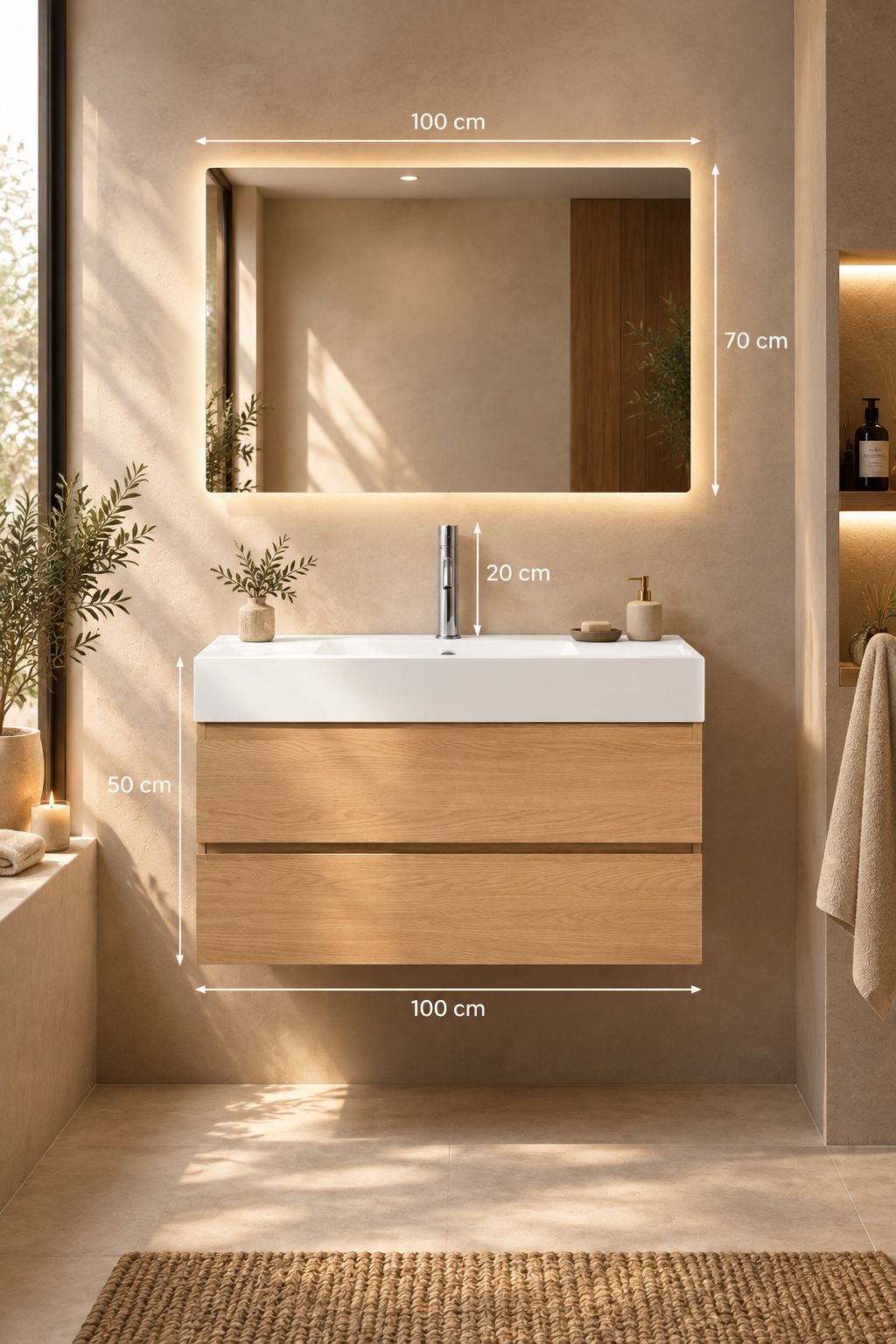Dimensions meuble salle de bain Ona 100 cm bois naturel