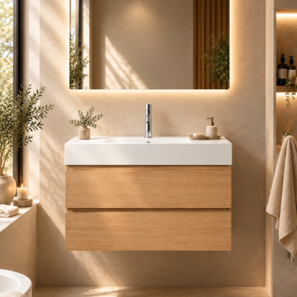 ensemble-de-meuble-de-salle-de-bain-en-bois-et-placage-de-frene-avec-lavabo-integre- bois naturel ona 100cm