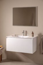 Ensemble Meuble Salle de Bain Suspendu 100 cm avec Miroir LED & Robinet Gris Brossé – Maelen