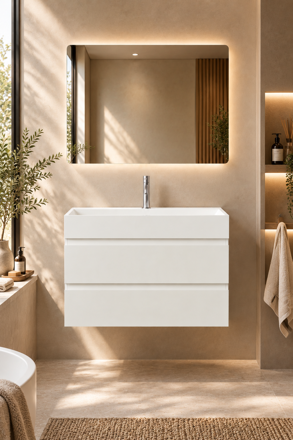 Meuble salle de bain suspendu 80 cm blanc avec vasque intégrée