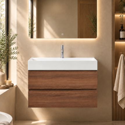 ensemble meuble salle de bain ones 80 cm bois foncé miroir , lavabo, robinet