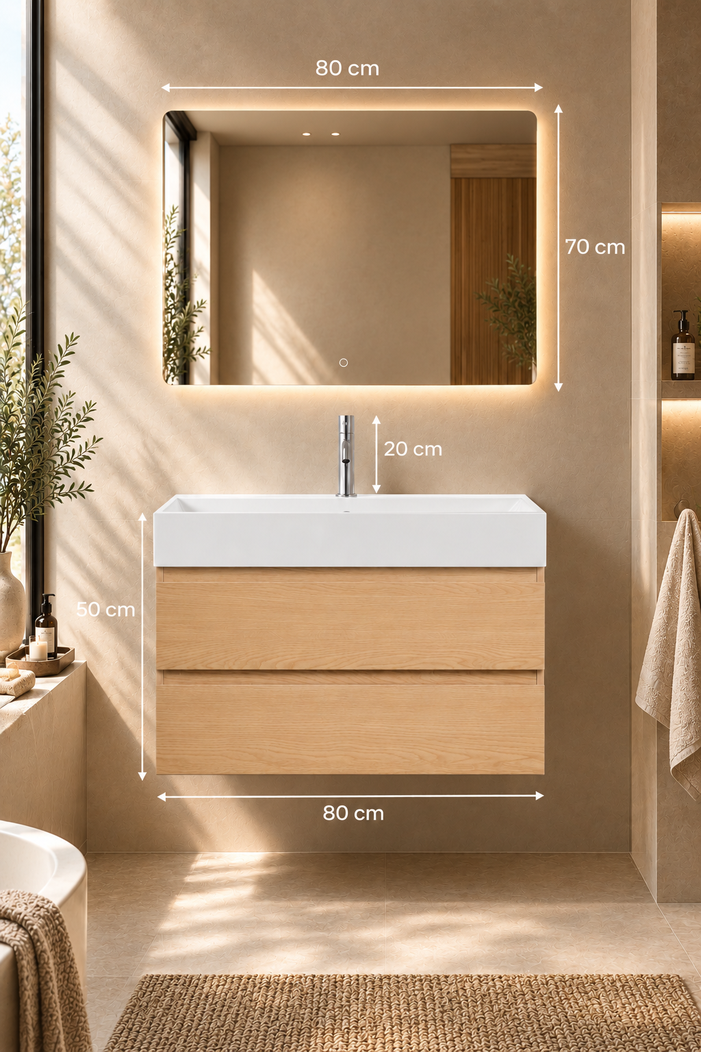 Dimensions miroir LED anti-buée 80 x 70 cm