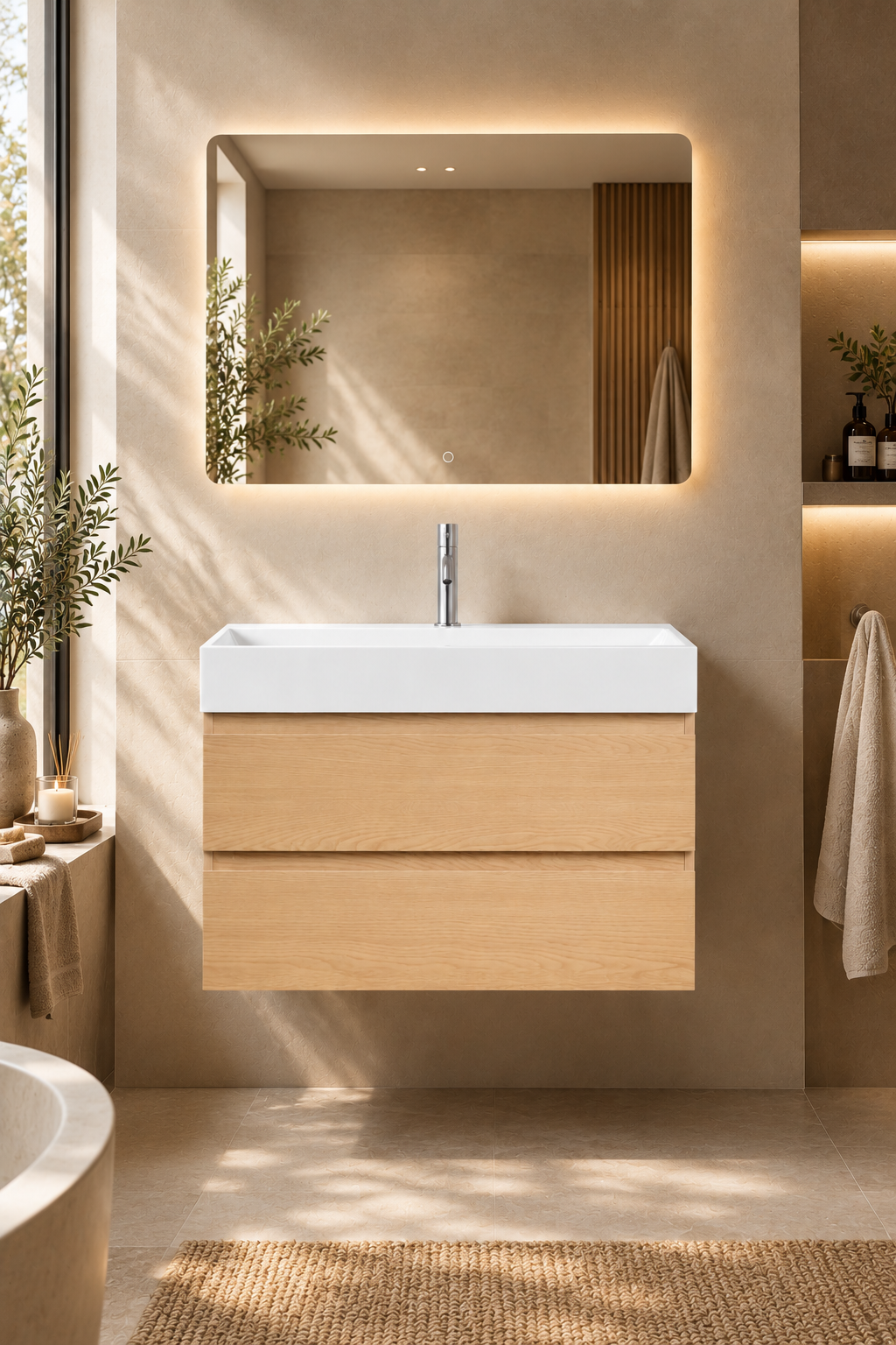 Meuble salle de bain suspendu 80 cm finition bois naturel