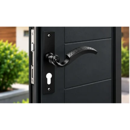 Kuchinox Baron KGR_925A : poignée courbe noire installée sur une porte extérieure anthracite, visuel illustratif