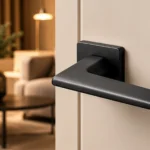 Poignée de porte Recta noire sur porte ivoire dans un intérieur chaleureux