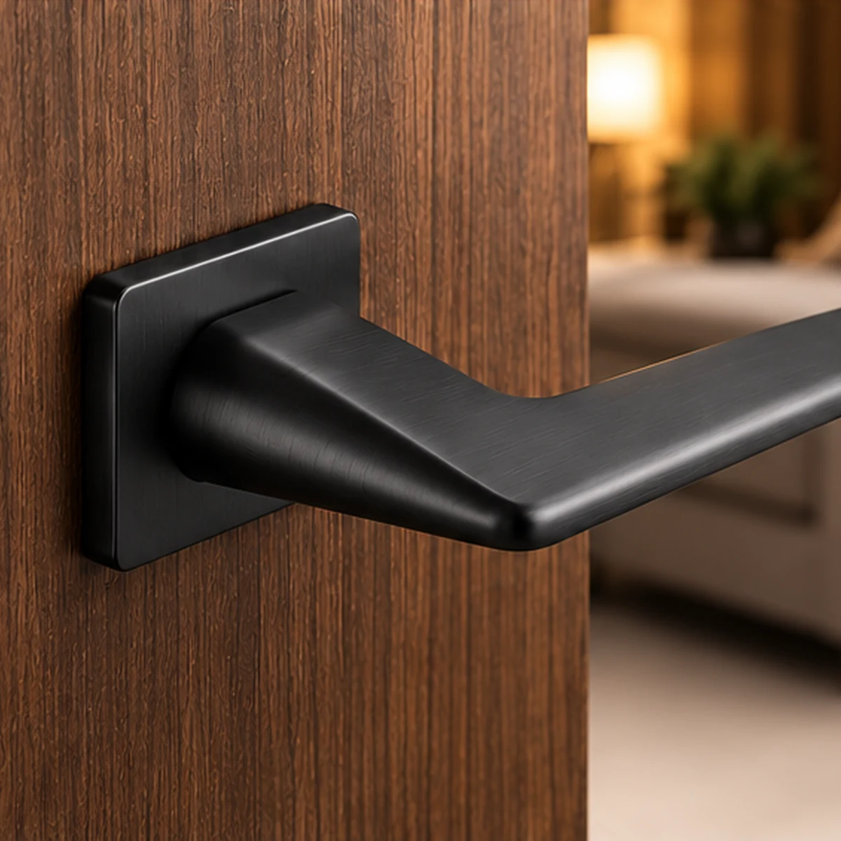 Poignée Recta noire sur porte en bois